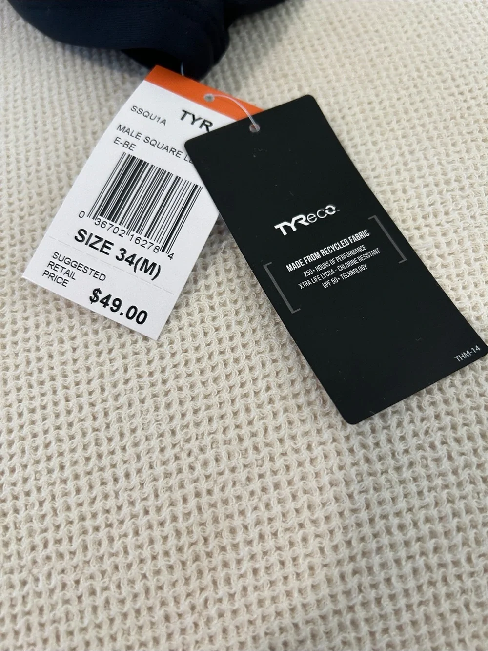 TYR Men's TYReco Square Leg Swimsuit, Black, Size 34, NWT